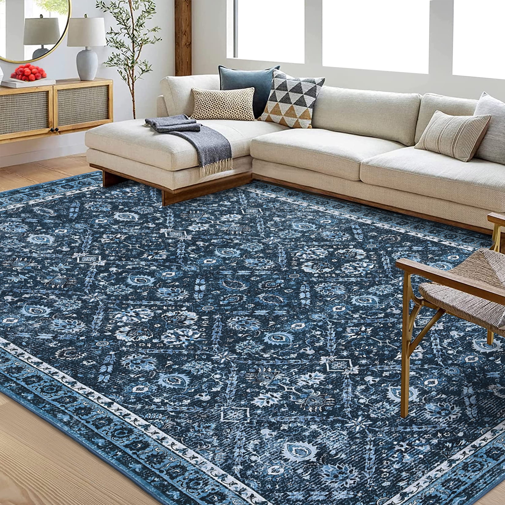Garvee 8'x10' Area Rug, Washable Persian Rug Vintage Boho Carpet Non Slip Soft Print Rug for Bedroom Dining Room Living Room, Blue