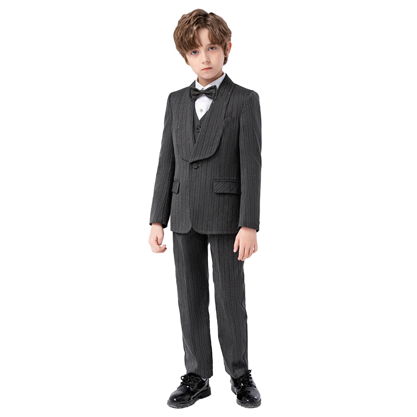 Hjtefg Boys Striped Little Suit Performance Dress Outfit Classic Tailored Jacket with Matching Pants Formal Event Attire for Weddings and Recitals,Color: Dark Gray Size: 8-9 Years
