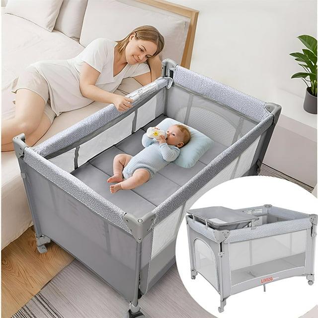 Berceau pour Bébé à Côté du Lit, Installation à une Main Parc pour Bébé 4 en 1 Pliable et Grand avec Table à Langer, Hauteur Ajustable pour un Rail