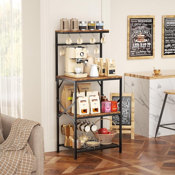 Kitchen Bakers Rack Microwave Stand with 4-Tier Storage Shelves and 8 S-Hooks, Adjustable Shelf