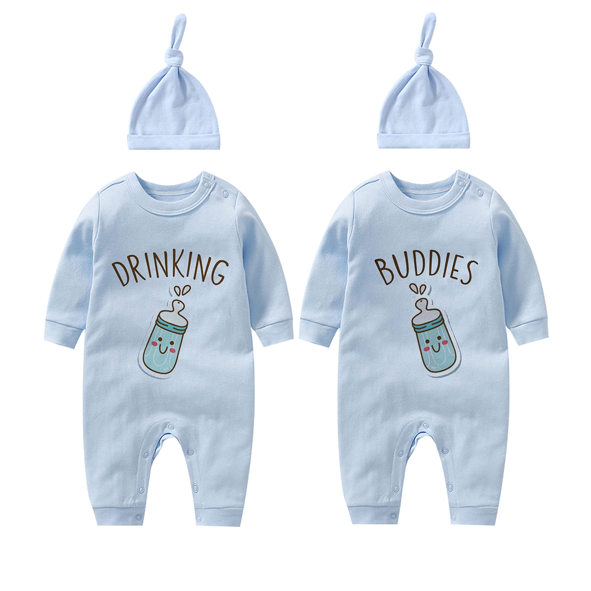 YSCULBUTOL Baby Twins Bodysuits Drinking Buddies Newborn Infant Clothes Unisex Twin Romper Outfits With Hat