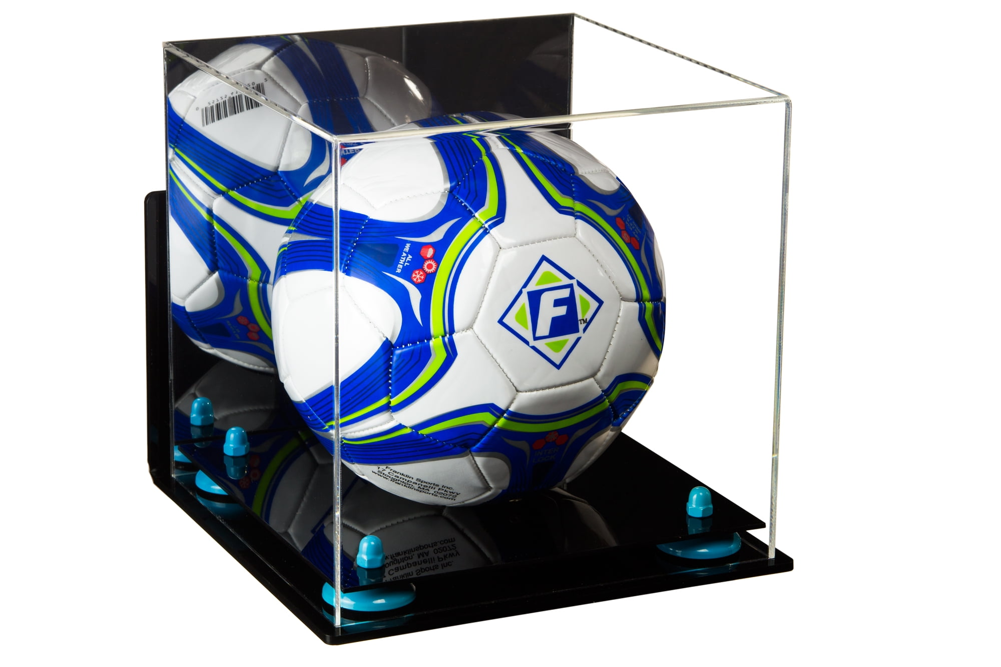 Deluxe Acrylic Soccer Ball Display Case with Blue Risers, Mirror and Wall Mount (A027BLR