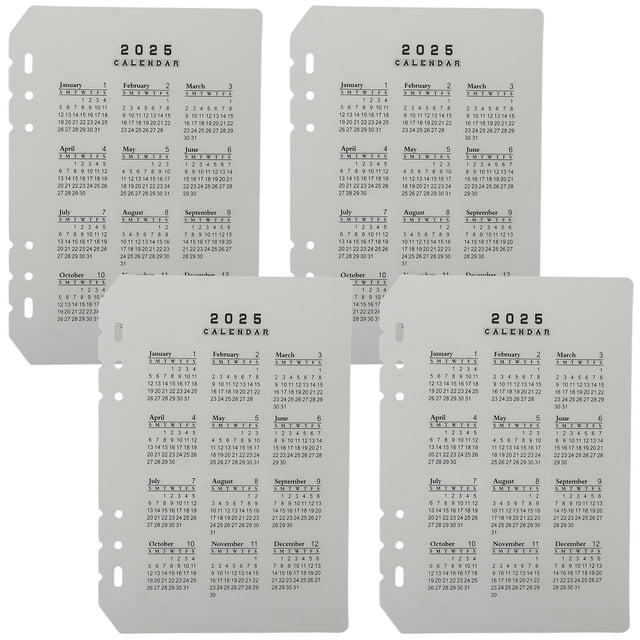 separadores de carpetas prácticos, separadores de cuaderno desmontables, separadores de cuaderno de hojas sueltas, 4 uds. Conjunto de cuatro divisores de plástico blanco con calendario 2025 impreso, 6 orificios a la izquierda y bordes lisos, tamaño 21.5 x 15 cm (8.45 x 5.89 in), hoja delgada y portátil para agendas y cuadernos de anillas; también suelen usarse como marcadores de secciones en planificadores.