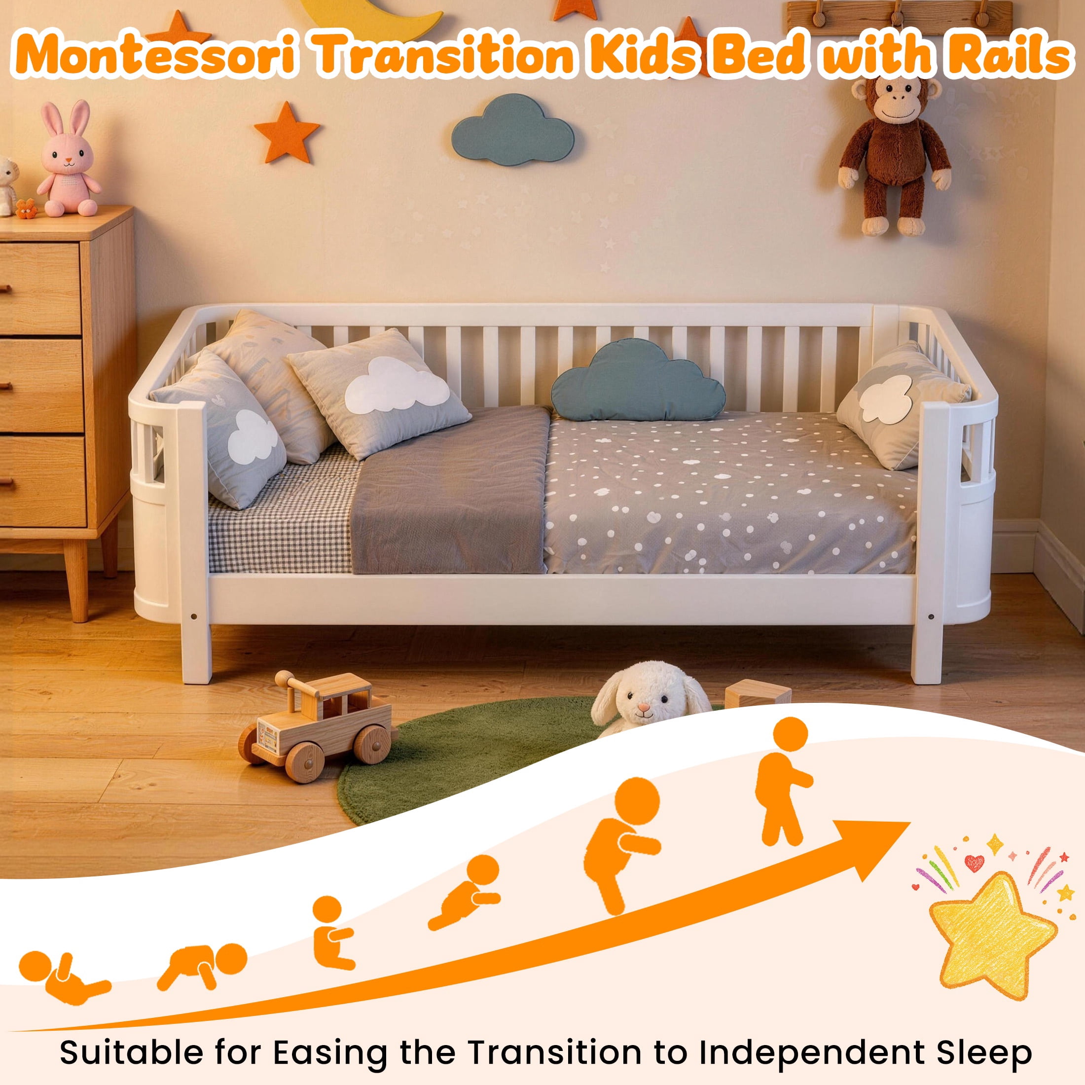PORKISS Twin Size Bed with Fence for Kids, Solid Wood Twin Platform Bed Frame with Slats and Safety Guardrails for Girls Boys, Removable Guardrail, No Box Spring Needed, White