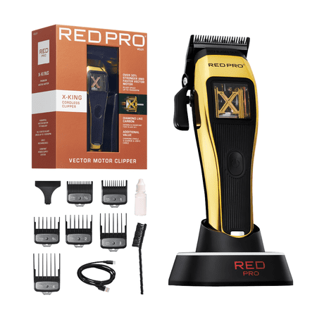 RED Pro X-King Cordless Hair Clipper For Men Hair Cutting, Strong & Fast Vector Motor, DLC Diamond Like Carbon Coated Blade, Rechargeable USB-C Charging Cradle, 6 Guards (Gold)