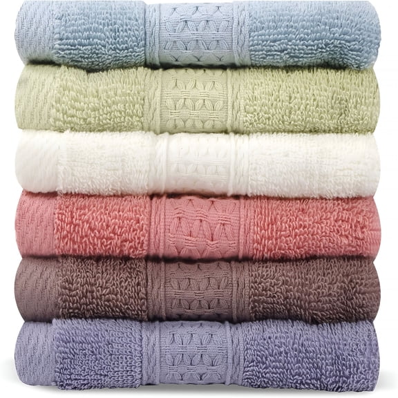 AUQ 6 Pack 100% Cotton Wash Cloth,13X13 Inch Highly Absorbent and Soft Feel Fingertip Towels,Machine Washable Washcloths for Bathroom,Gym,Hotel,Spa and Kitchen,6 Colors