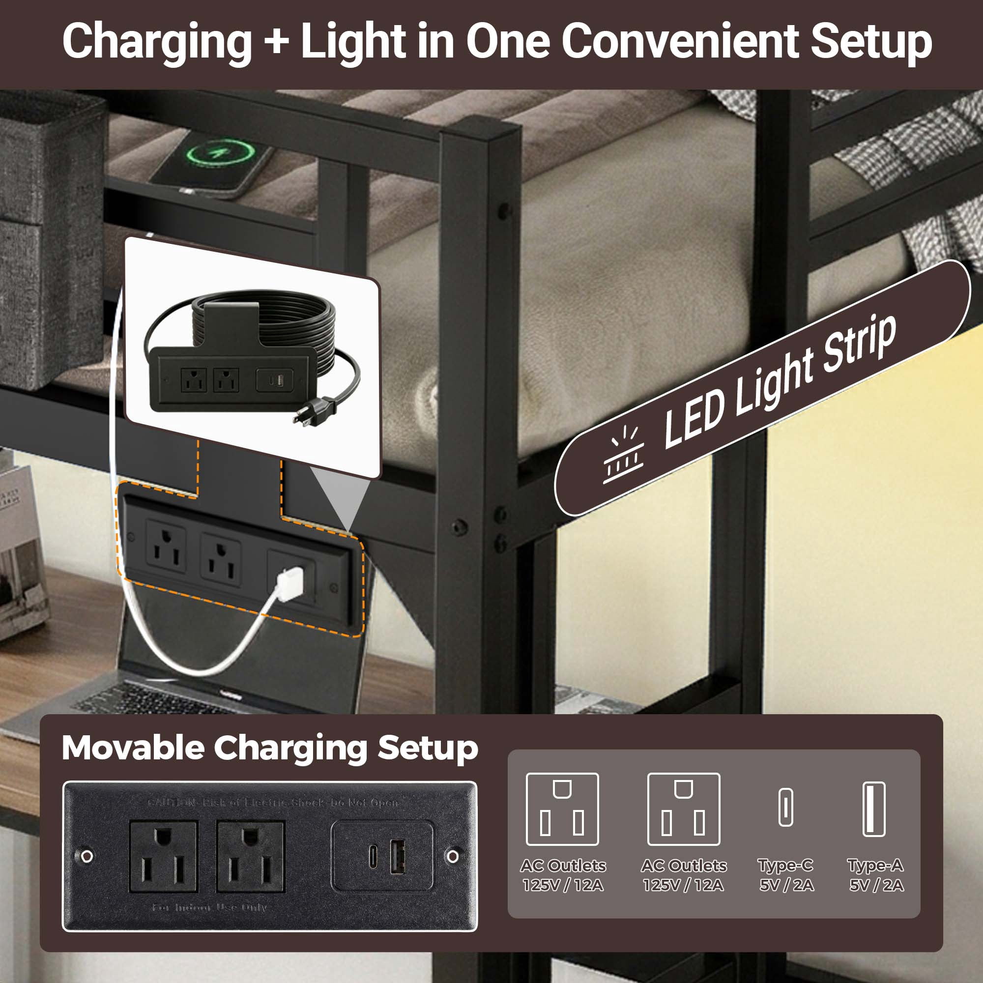 Miniyam Full Metal Loft Bed with LED and Charging Station for Adults in Apartments, Black