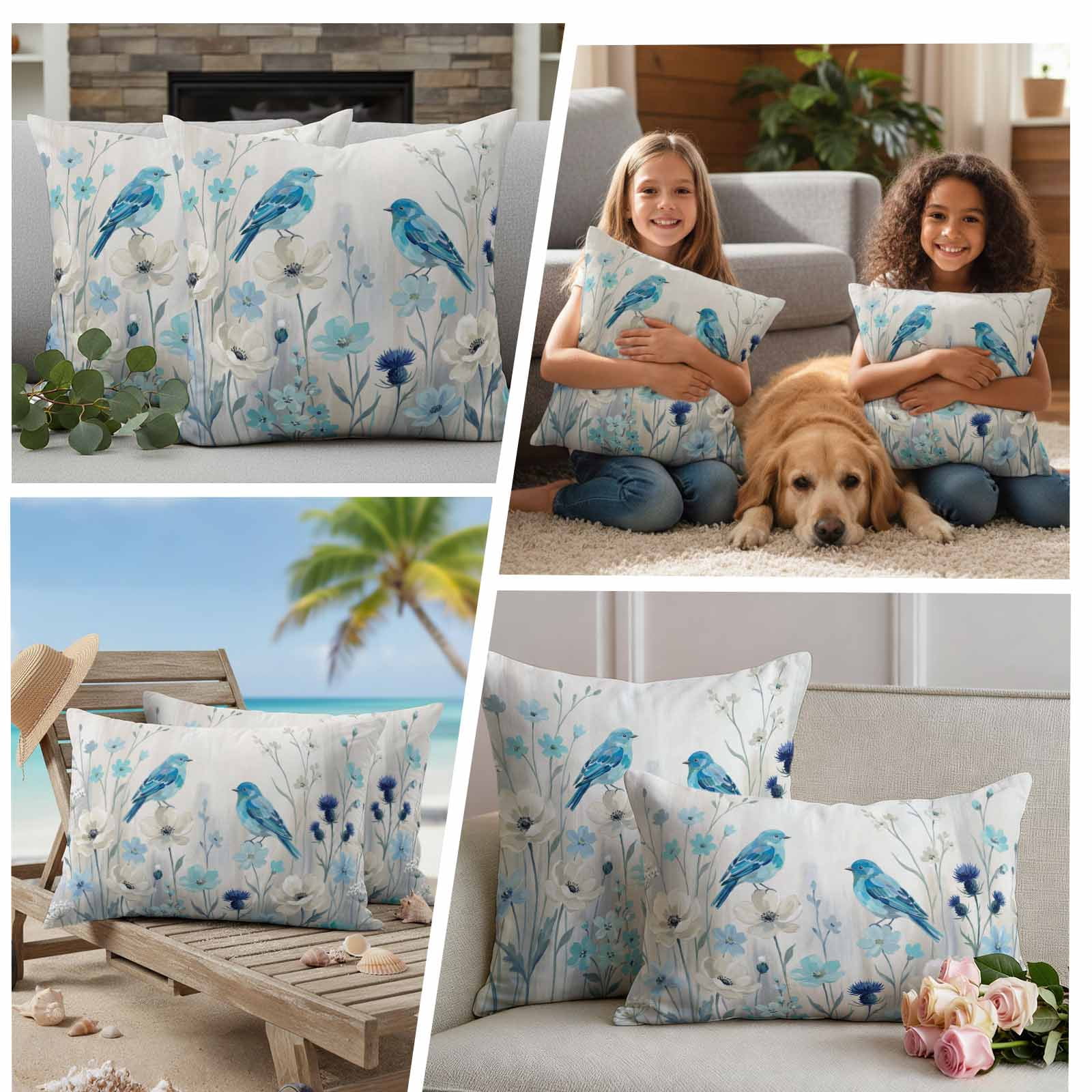Spring Flowers Pillow Covers 2 Pack Watercolor Blue Bird Floral White Country Style Pillowcase Waterproof Outdoor Throw Pillow Cover for Patio Garden Square Cushion 18”x18”
