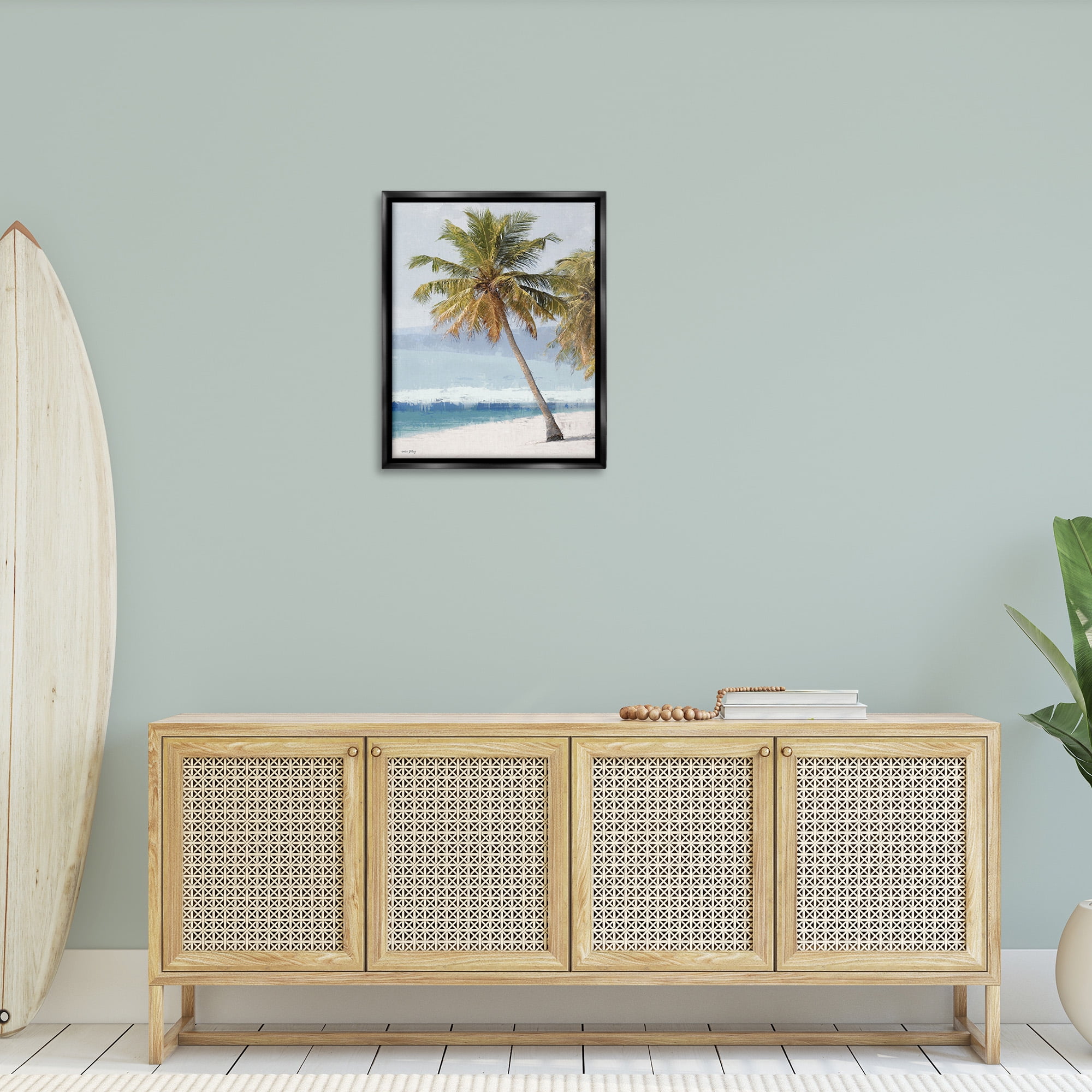 Stupell Industries Looming Palms on Shore Landscape Painting Black Floater Framed Canvas Art Print Wall Art, 25 x 31