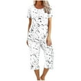 thumbnail image 2 of Économies d'Été Liquidation Iumwxz Pyjamas Décontractés Fluides Tenues Grande Taille Tenues d'Été Mode Graphique Col Rond Manches Courtes Taille Élastique Pantalons Raccourcis Ensembles Assortis pour Fête Dames, 2 of 6