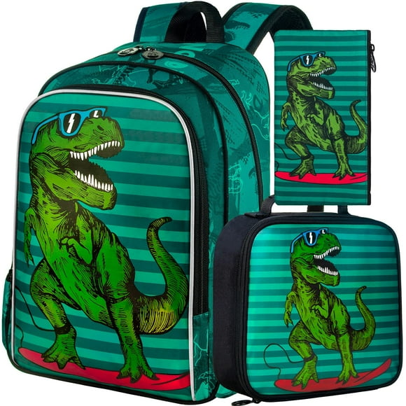 Set de Mochilas AGSDON Dinosaurio 3 Piezas para Niños, Mochila Escolar de 16"