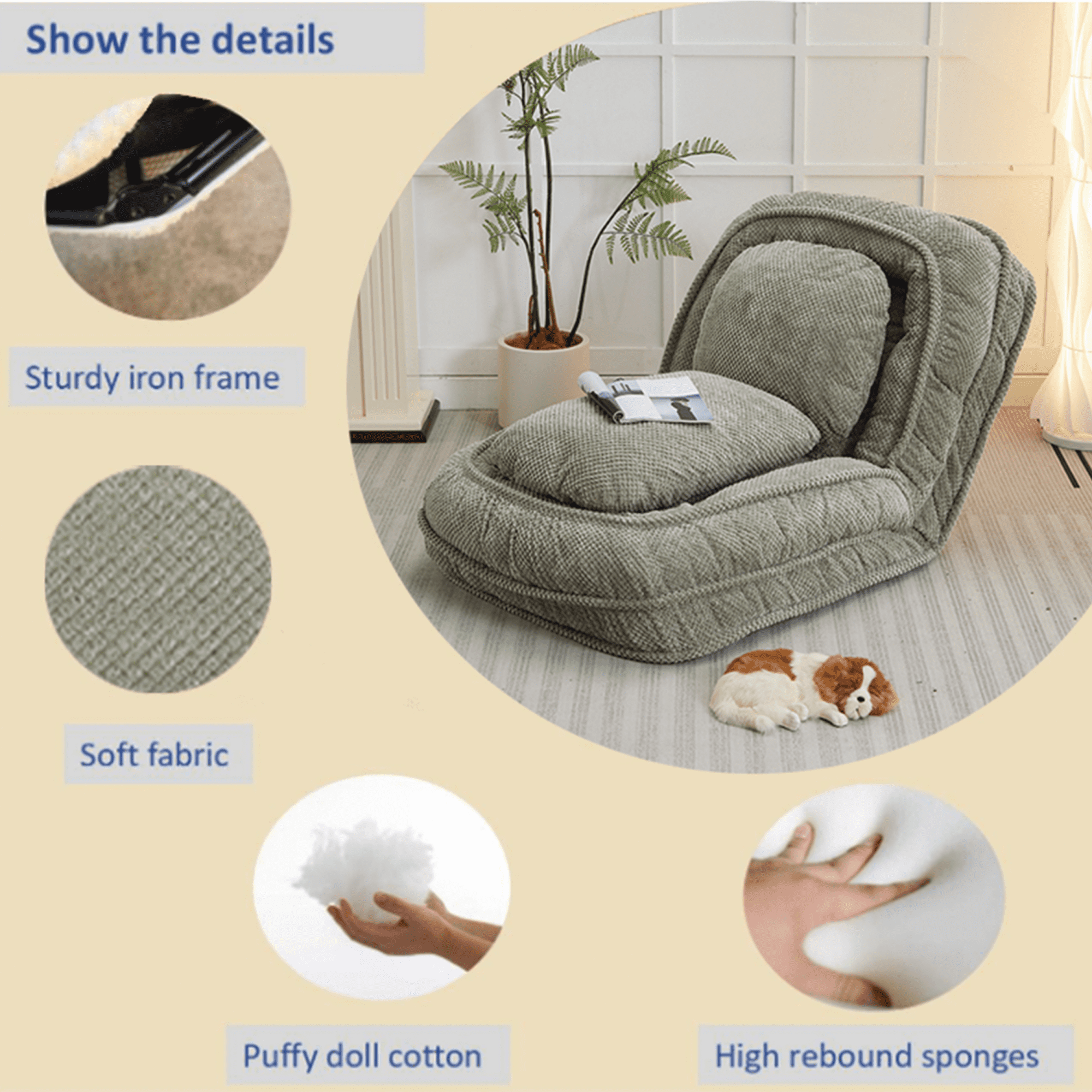 Aukfa Fold Lazy Sofa Bed,Floor Chair Small Couch with 5&nbsp;Adjustable for Living Room, Green