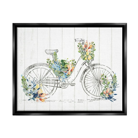 Stupell Industries Floral Country Bicycle Transportation Painting Black Floater Framed Canvas Art Print Wall Art, 31 x 25
