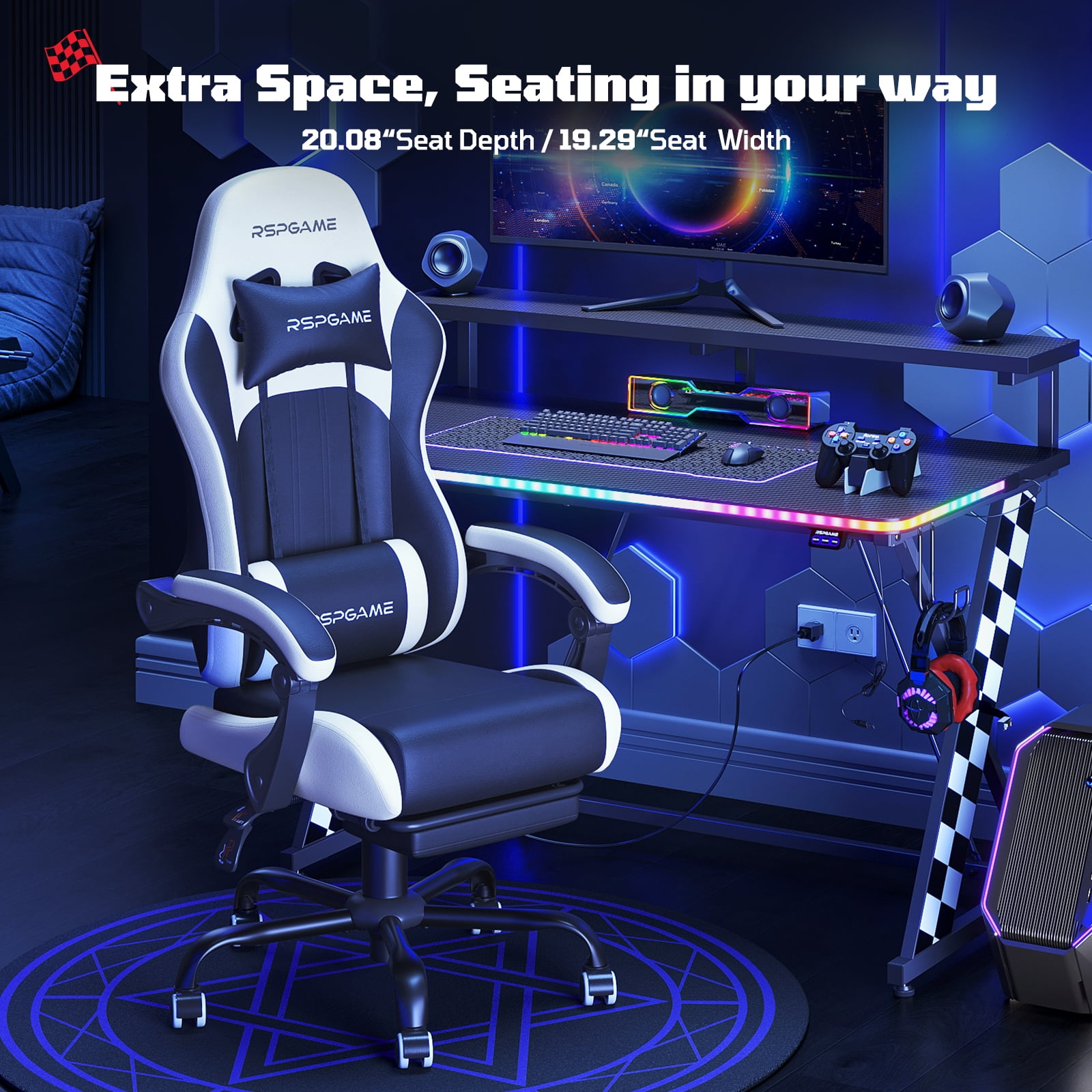 RSPGame Ergonomic Gaming Chairs for Adults,Pocket Spring Cushion,PU Leather Office Chairs with Lumbar Support and Retractable Footrest,Home and Office Computer Chairs-White Racing