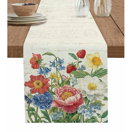 

Table Runner Dresser Scarves 120 Inch Long Watercolor Spring Flower Strawberry Linen Dining Table Runners Blossom Floral on Postcard Tabletop Scarf for Wedding Holiday Party Kitchen