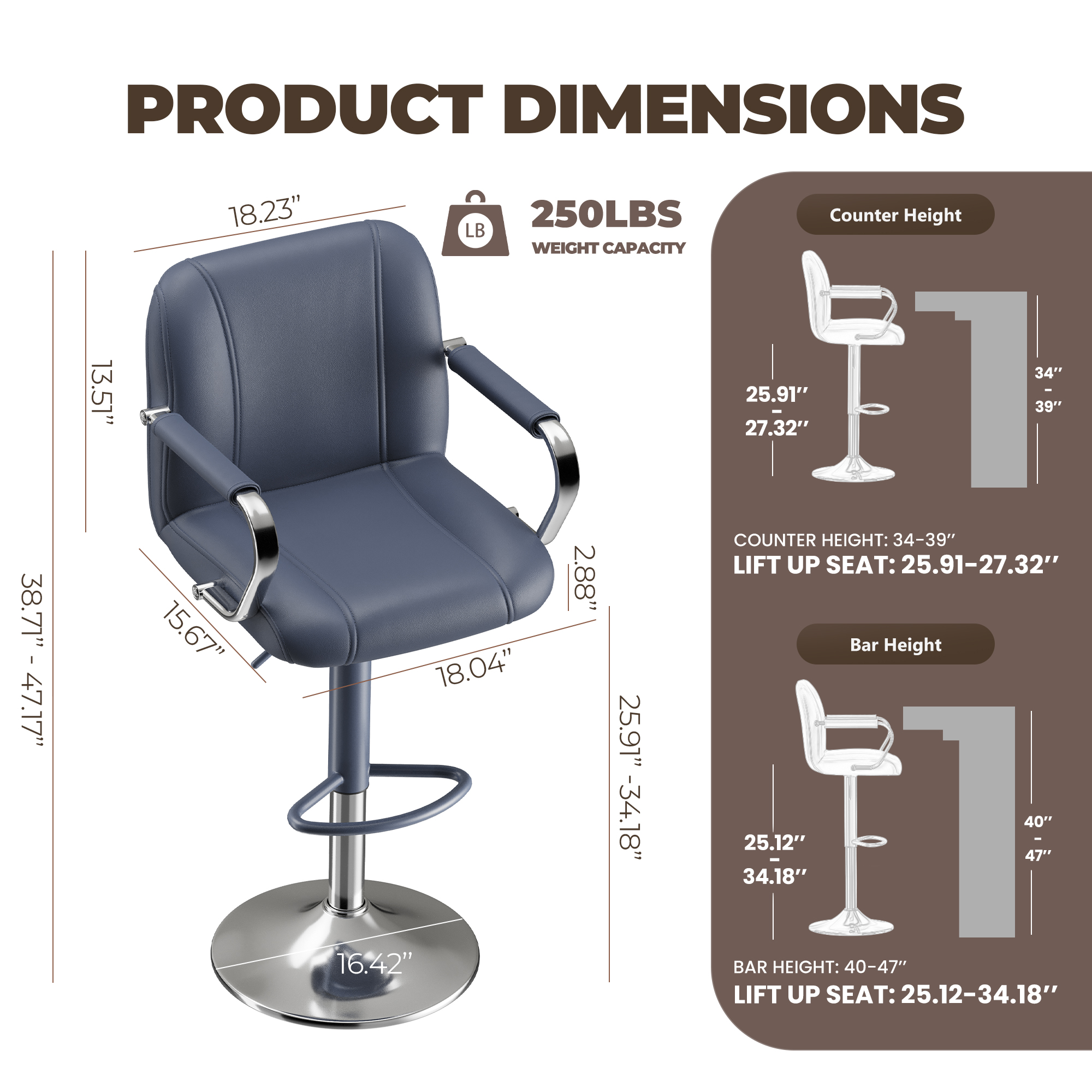 AFO Modern PU Leather Bar Stool Set of 2 with Backrest and Armrests, Height Adjustable 360° Swivel Counter Chair, Blue