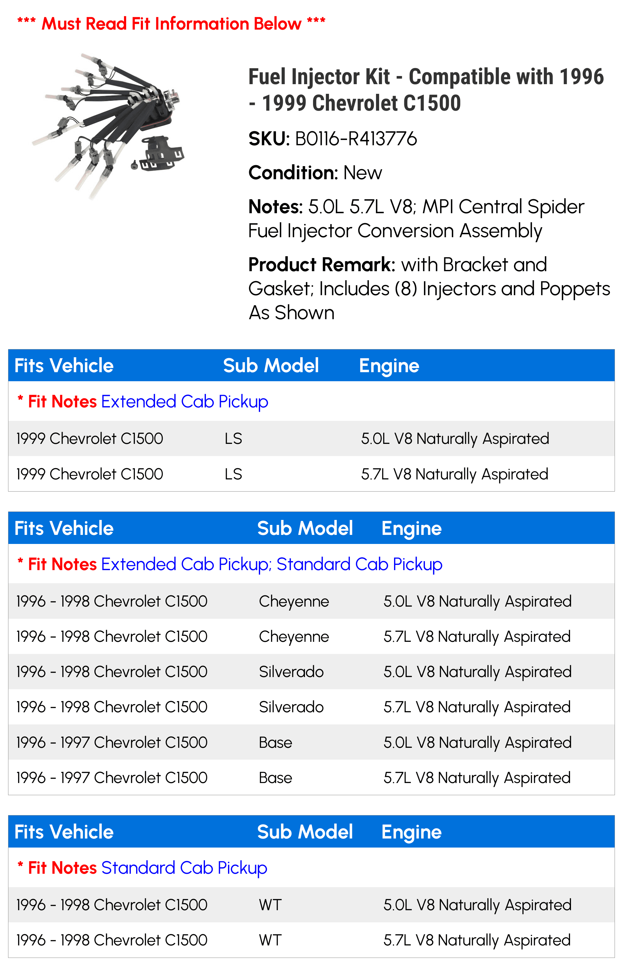 Fuel Injector Kit - Compatible with 1996 - 1999 Chevrolet C1500 - Replacement