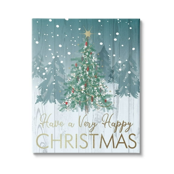 Happy Christmas Glam Detail Text Rustic Fir Tree Botanical & Floral Graphic Art Gallery-Wrapped Canvas Print Wall Art