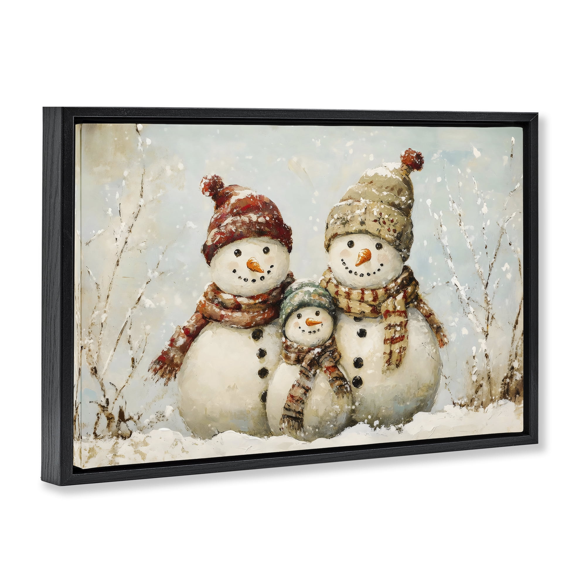 Snowman Family Of Three Black Framed Floater Canvas Wall Art, design by Petal Prints Design