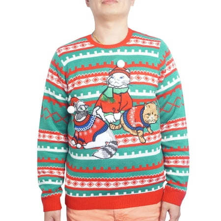 Holiday Mens Fancy Sweater Cat Ugly Christmas Sweater, Up to size 2XL