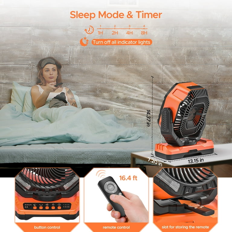 Rechargeable Camping Fan with LED Light 40000mAh 136hrs Battery Operated  Power Fan Auto Oscillating with Remote & Timer for Camping RV Workshop