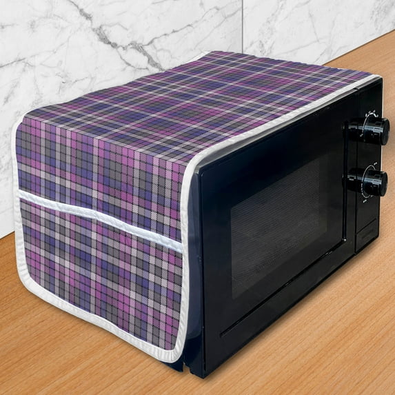 Plaid Microwave Oven Cover, Illustration of Checkered Inspired Design, Water Resistant Organizer with Pockets for Kitchen, 36" x 12", Violet Blue Pale Fuchsia, by Ambesonne