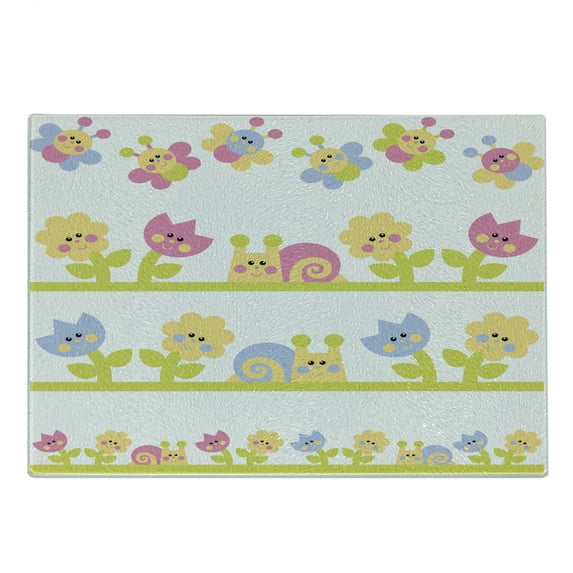 Tulip Cutting Board, Cartoon Character Bees Tulip and Daisy Flowers Snails Garden Pattern, Decorative Tempered Glass Cutting and Serving Board, Small Size, Pale Green Pale Blue, by Ambesonne