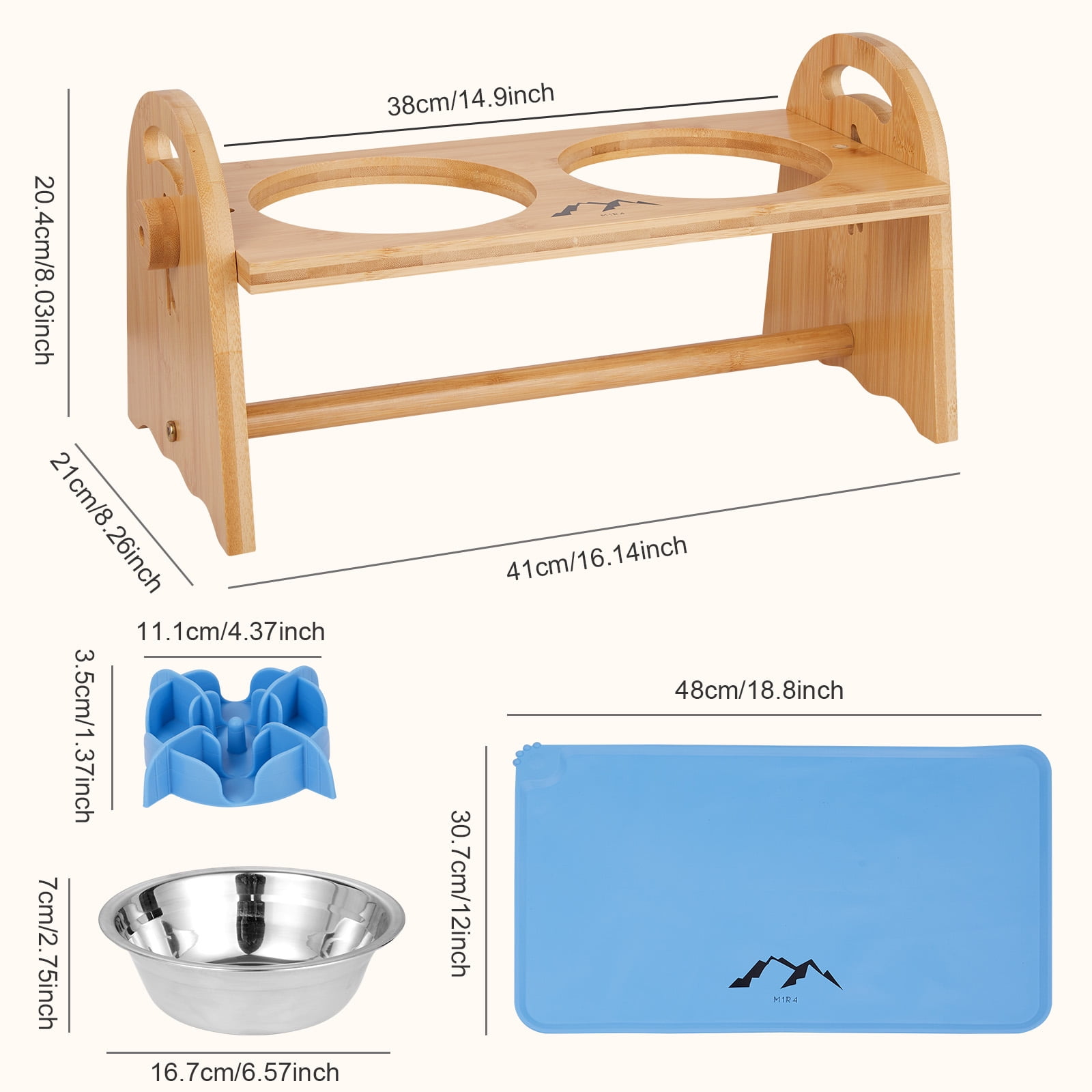 M1R4 Pet Supplies Adjustable Height Small Bamboo Elevated Bowl Bundle with Two Stainless Steel Bowls for Pets, Blue