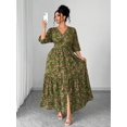 thumbnail image 5 of Green Floral Print V-Neck Maxi Dress With Tiered Skirt And Side Slit For Women, 5 of 7