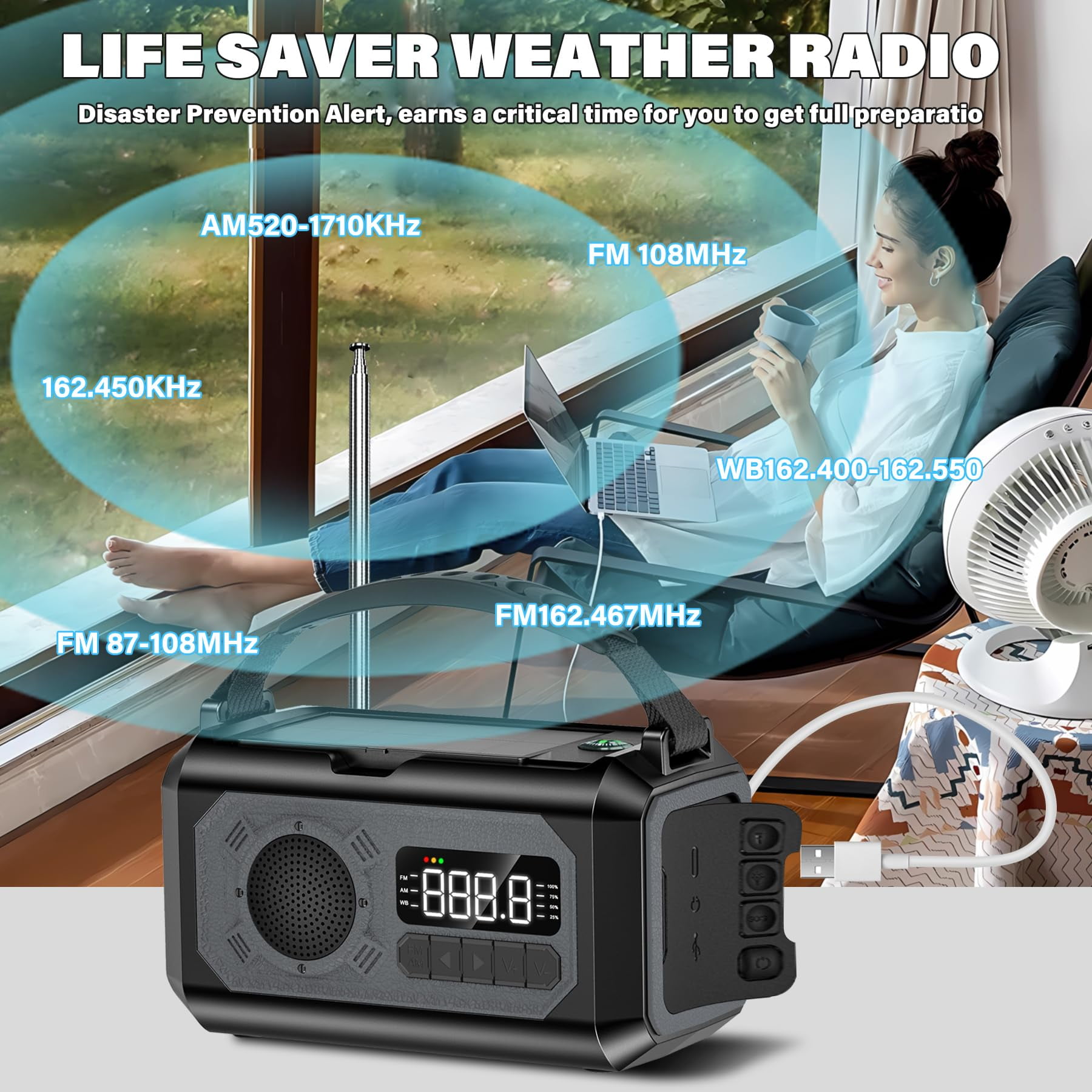 JOUALY 12000mAh Emergency Radio, AM/FM/NOAA Weather Radio,Portable Hand Crank Radio,Multi-Function Solar Radio,2 Solar Panels,USB Type-C Charging,Torch & LED Reading Lamp,SOS Alarm,Compass