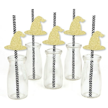 Gold Glitter Witch Hat Party Straws - No-Mess Real Gold Glitter Cut-Outs & Decorative Halloween Paper Straws - Set of 24