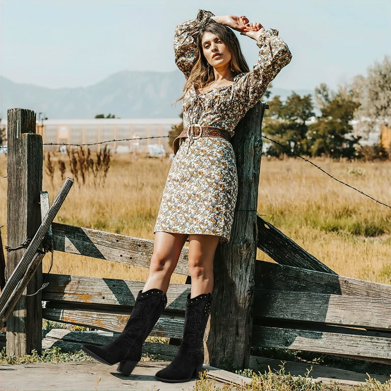 FAMITION Cowboy Boots for Women Pointed Toe Pull On Cowgirl Boots