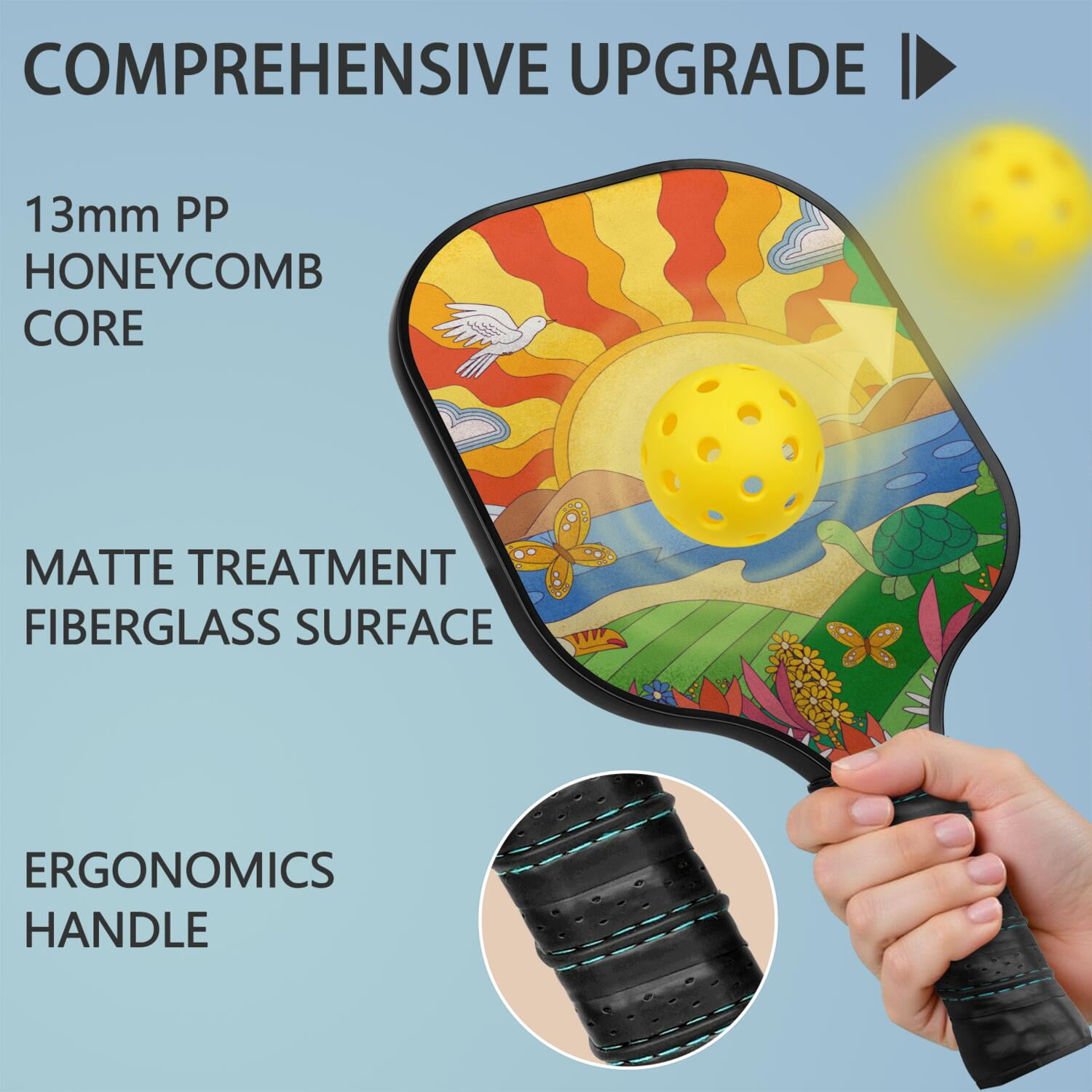 Pickleball Paddles Set Of 2, Fiberglass Surface, Vintage Floral Print, 4 Balls & Bag