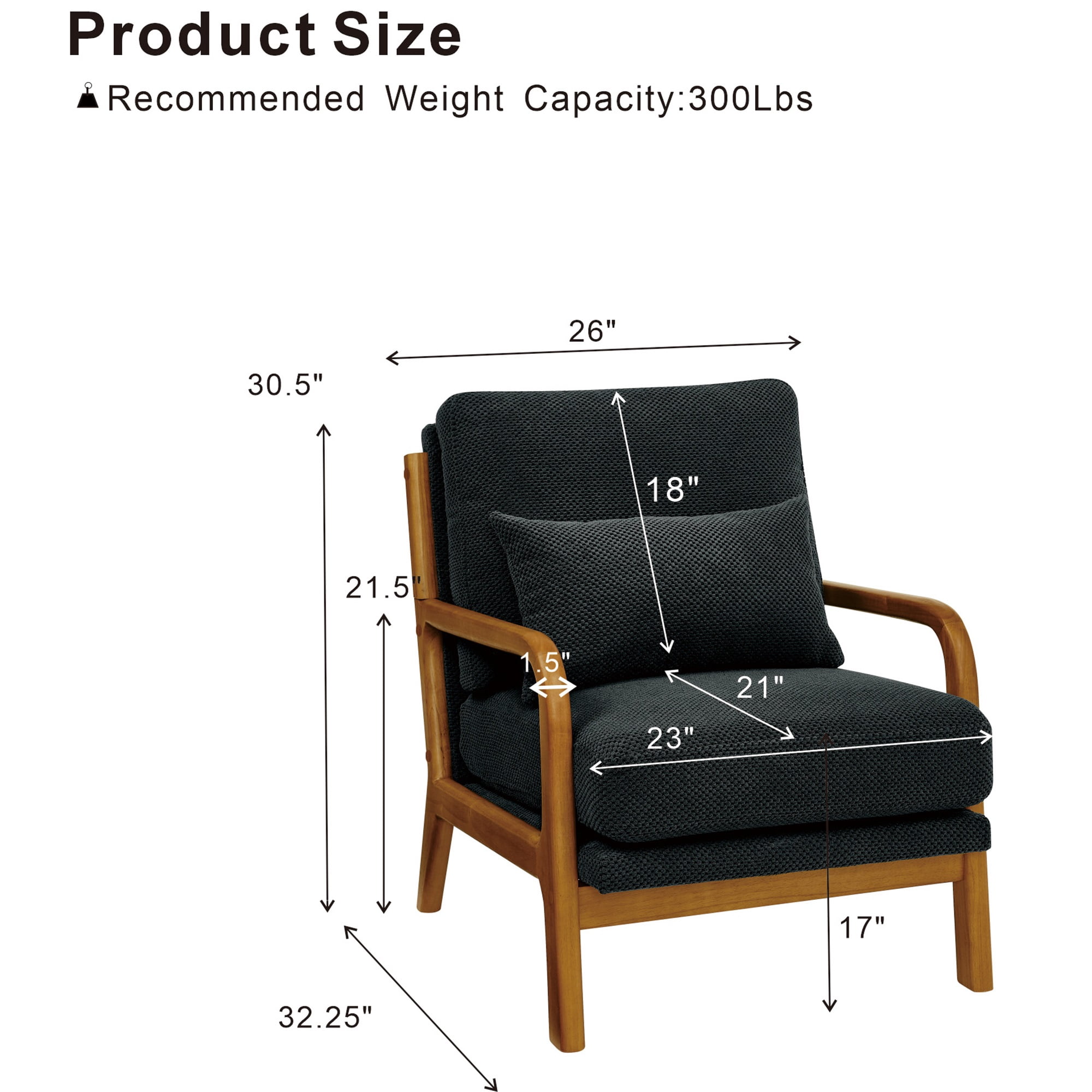 Homy Casa Mid-Century Modern Reading Chair, Upholstered Accent Armchair with Wood Frame, Dark Gray