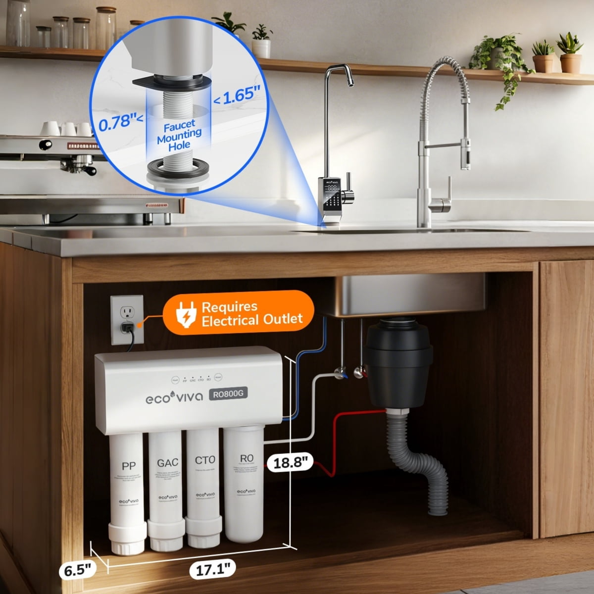 Ecoviva 800GPD Tankless Alkaline Reverse Osmosis System 9-Stage Under-Sink Filter System