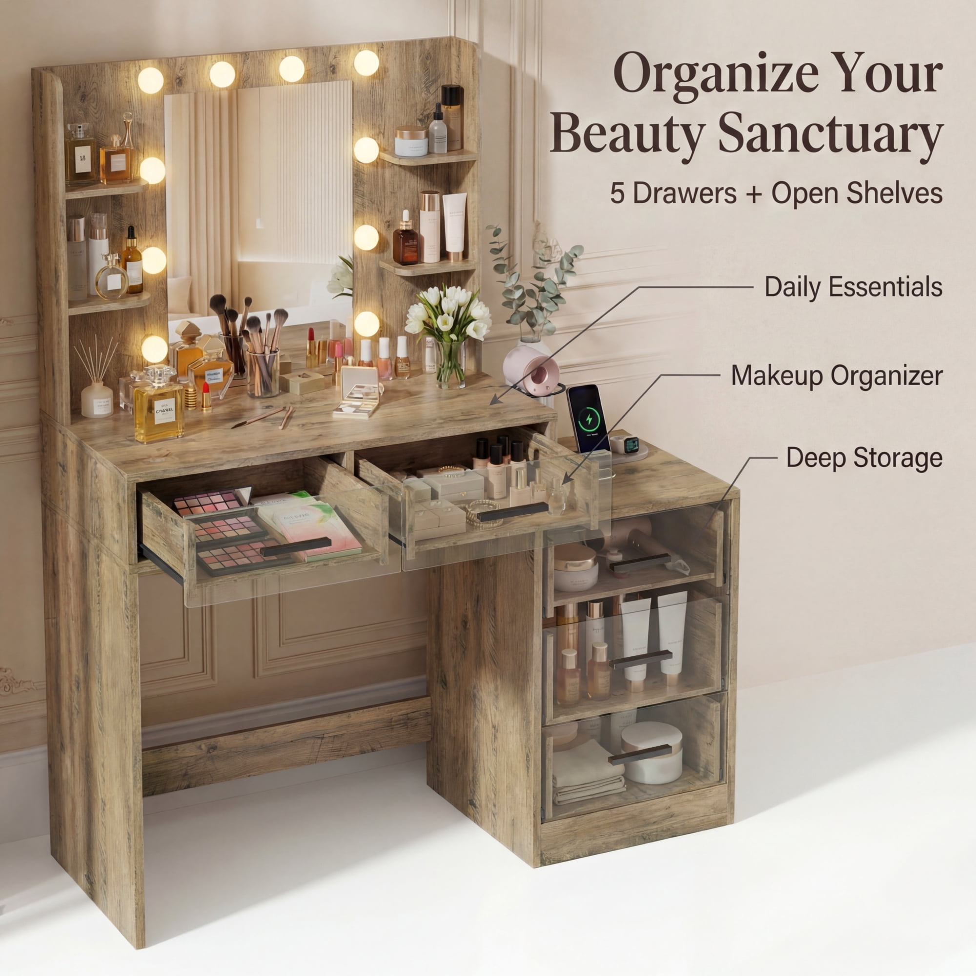 Homall Makeup Vanity Desk with LED Lights, Mirror & Power Outlet, Dressing Table with 4 Shelves and 5 Drawers, Vanity Set & Nightstand for Bedroom, Gray