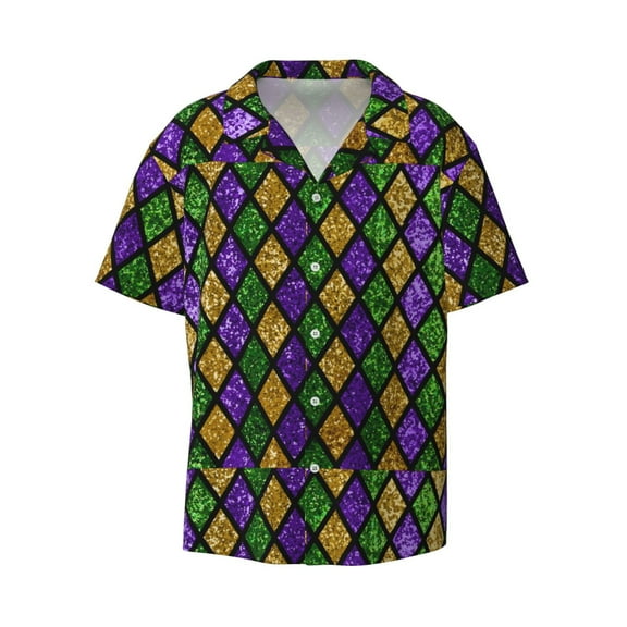 Easygdp Mardi Gras Shiny Green Purple Men's Casual Short-sleeved Shirt with Pocket and Button Suitable for Beach Vacation Leisure - XX-Large