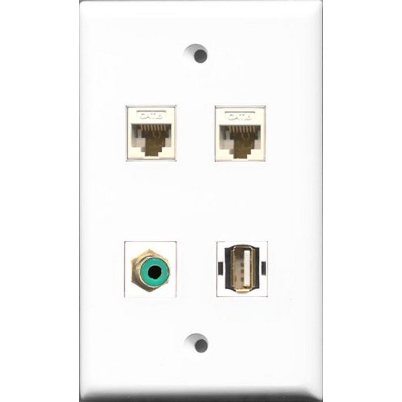 RiteAV 1 Port RCA Green and 1 Port USB A-A 2 Port Cat6 Ethernet White Wall Plate