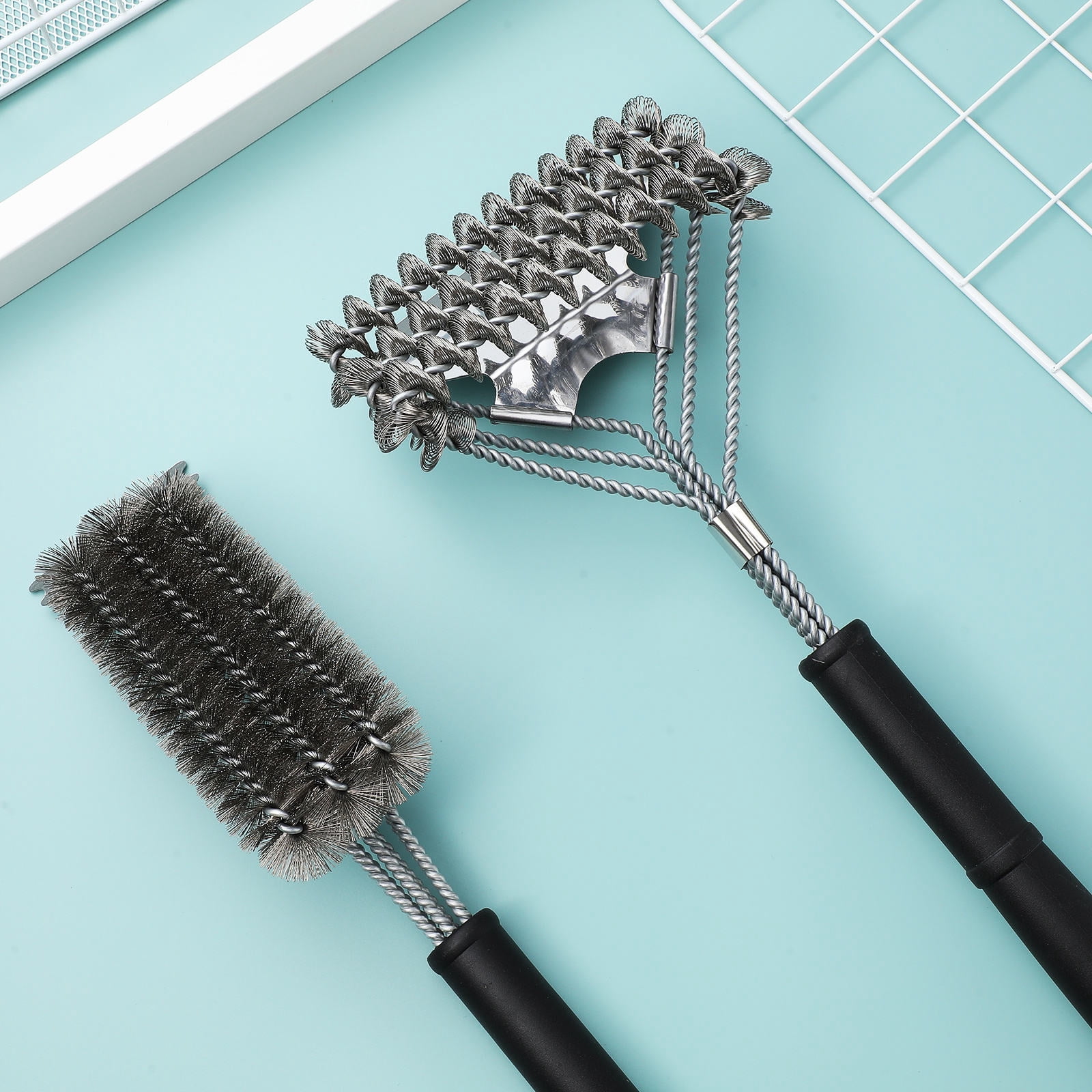 HEANUJJ 2-Pack Black Metal Grill Cleaning Brushes with Scraper for Kitchen and Outdoor BBQ Tools