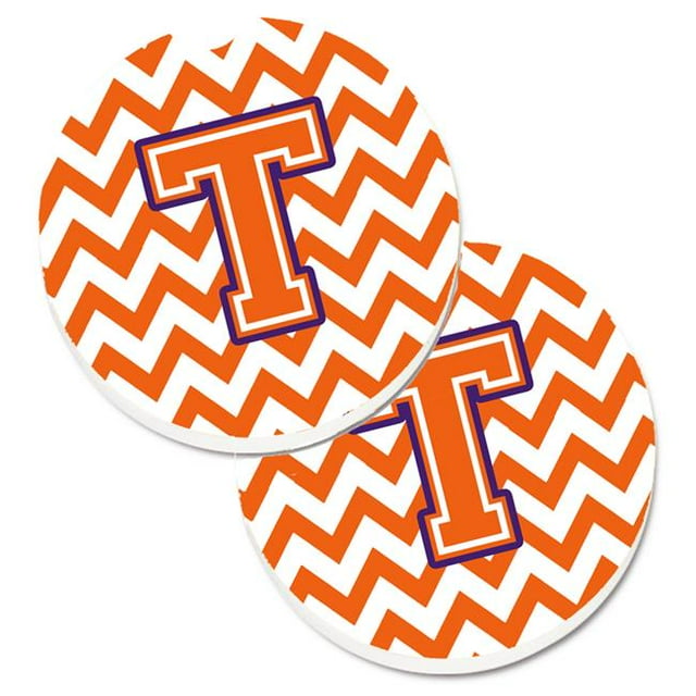 Letter T Chevron Orange & Regalia Set of 2 Cup Holder Car Coaster