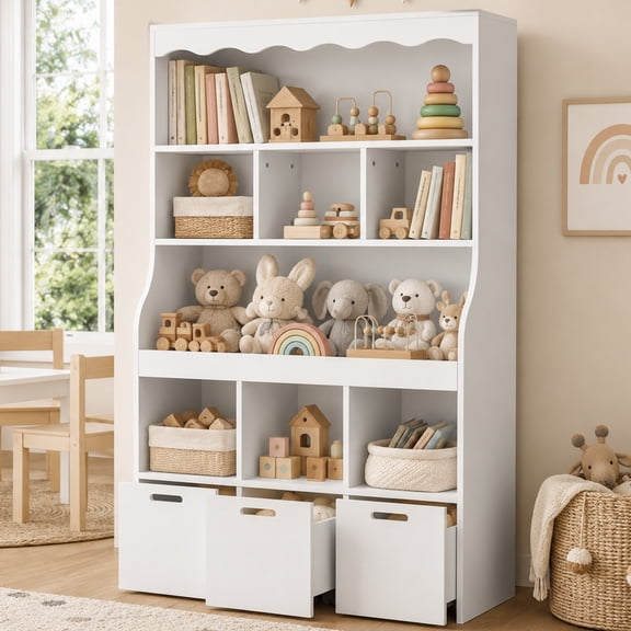 Guqiart Kids Toy Storage Organizer with Book Display Rack, 5-Tier Shelving Unit with Storage Bins, Large Capacity Bookcase for Boys & Girls, White, Perfect for Playroom & Nursery