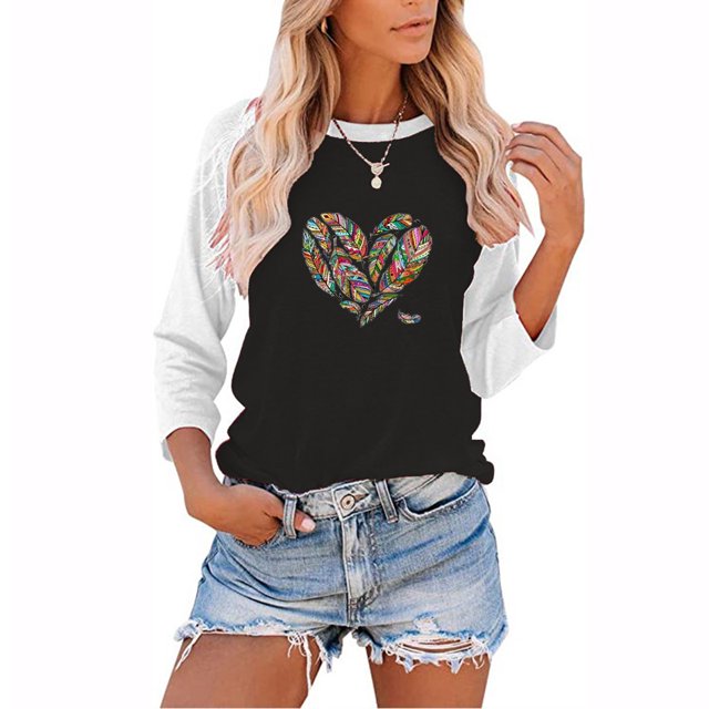 Hauts pour Femmes Mode Décontractée Ample Col Rond Couture Imprimée T-shirt à Manches Longues Blouses Habillées pour Femmes en Liquidation
