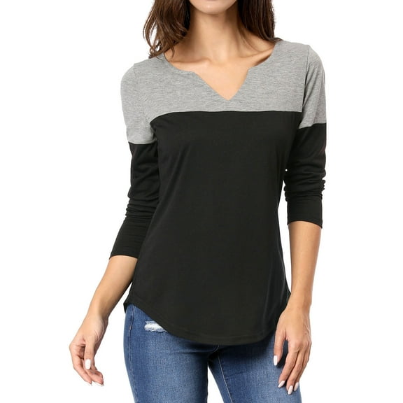 INSPIRE CHIC Women's Split V-Neck Long Sleeves Color Block Casual T-Shirt XS Black