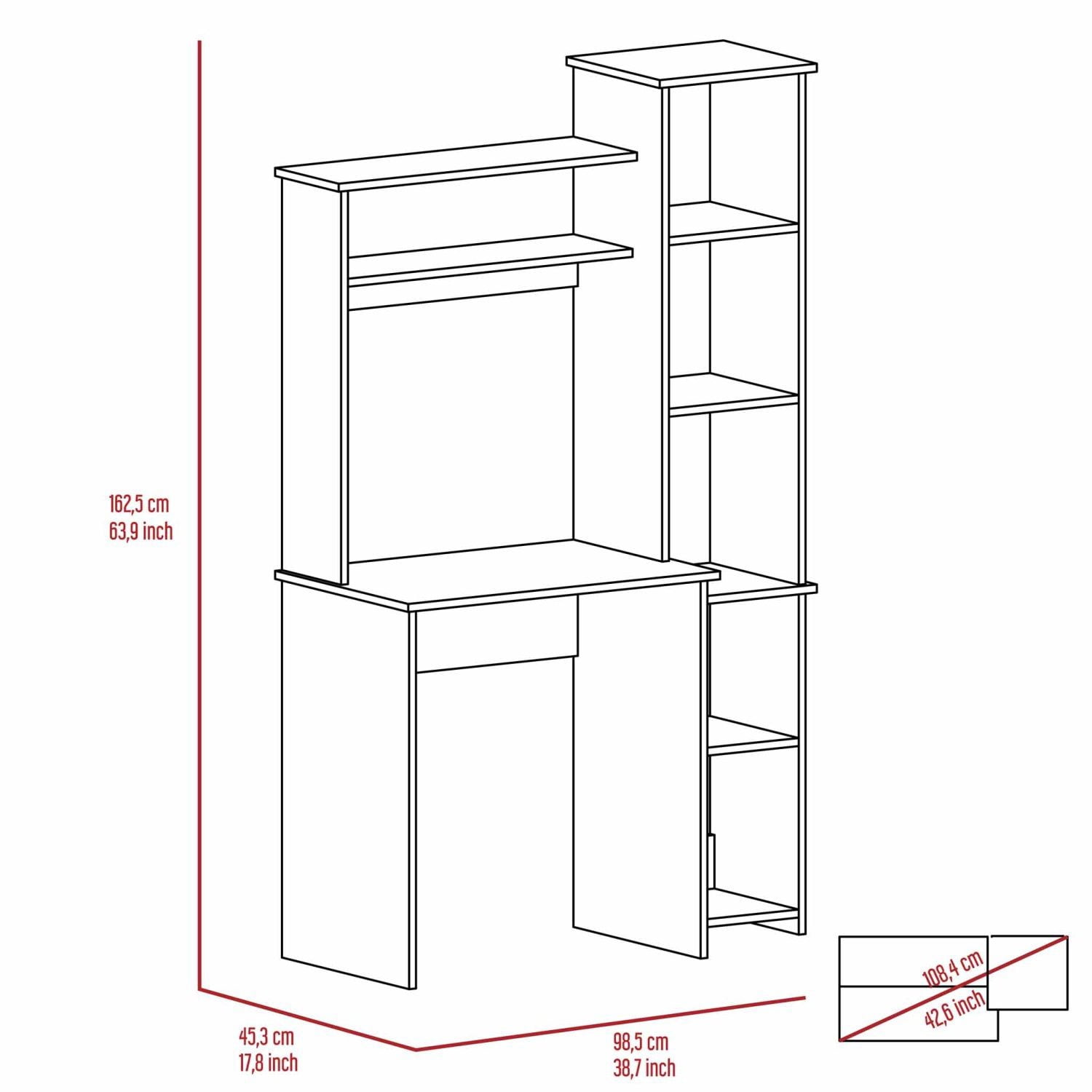 Asteroutdoor White 6-Shelf Writing Desk with Built-in Bookcase