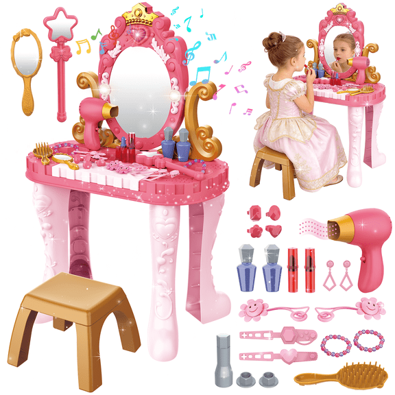 Chuvikid Vanity Table & Chair Set,Makeup Table with Mirror,Toddler Pretend Play Vanity Toys,Dress up Birthday Gift for 3-5 5-8 8-12 Year Old