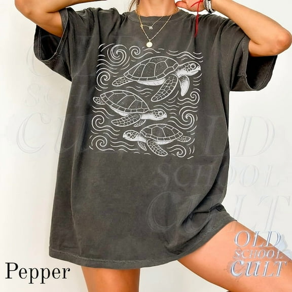 Sea Turtle Wave Pattern Graphic Print T-Shirt | Vintage Ocean Wildlife Tee | Retro Marine Nature Unisex Top