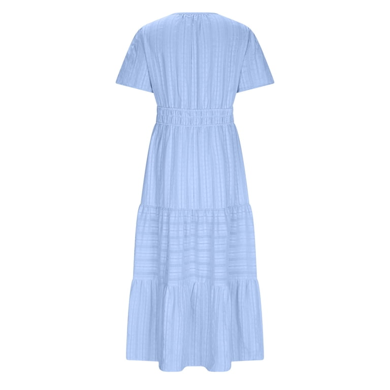 flowy dresses for petite women NSLGXD Petite Tiered Midi Dresses for Women Short Sleeve Summer Flowy Dress  Smocked Waist V Neck Casual Dress Blue Dress,Size S-2XL