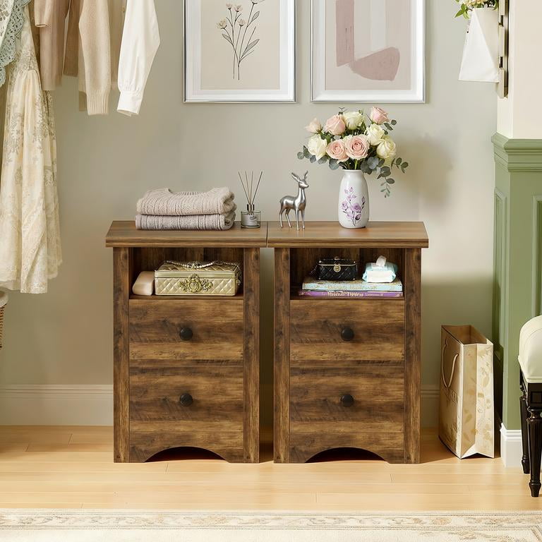Lacoo End Table Set of 2 with 2 Drawers & Open Shelf, Nightstand for Bedroom Wood Side Table for Living Room, Warm Amber