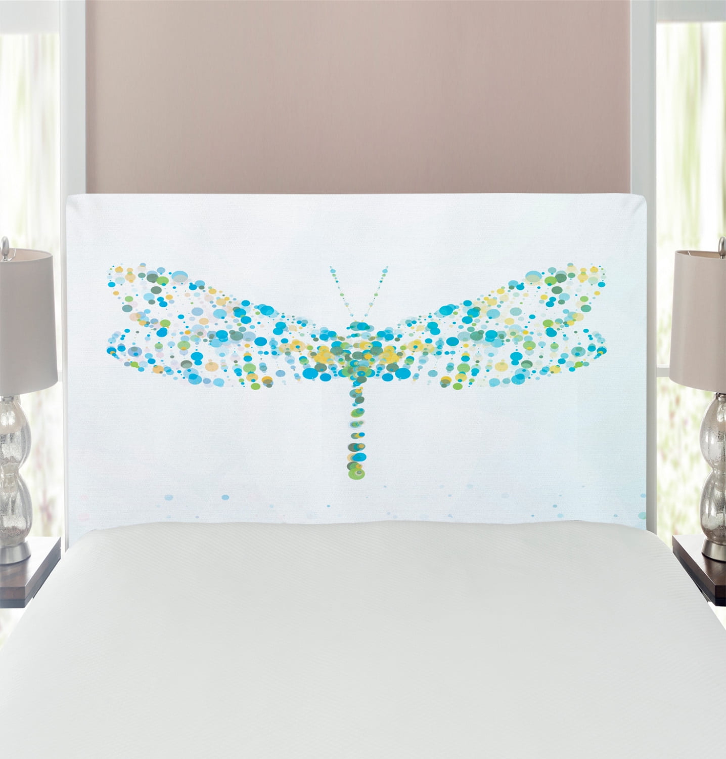 Dragonfly Headboard, Macro Futuristic Digital Winged Bug Made Spots and