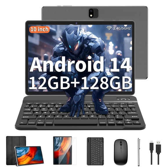 Tablet 2026 Latest Android 14 Tablets with 10.1 Inch Incell Display, 12GB RAM 128GB ROM/ 1TB Expand, 6000mAh, Widevine L1, 5G WiFi, 2 in 1 Tablets with Keyboard Mouse Stylus
